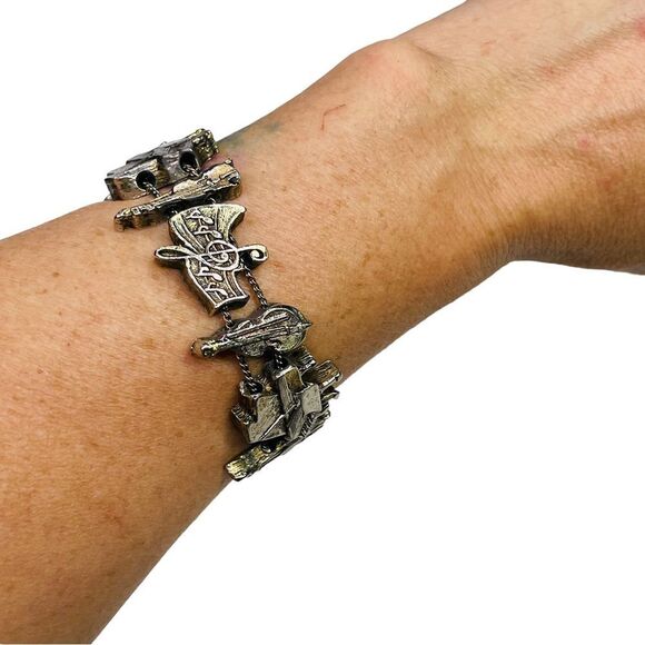 Vintage Music Theme Antiqued Gold Tone Slider Charm Bracelet - Picture 6 of 11